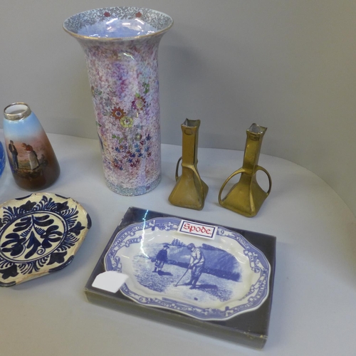 690 - A pair of Art Nouveau style posy vases, a Lustre vase, a controlled bubble glass ash tray and dish, ... 