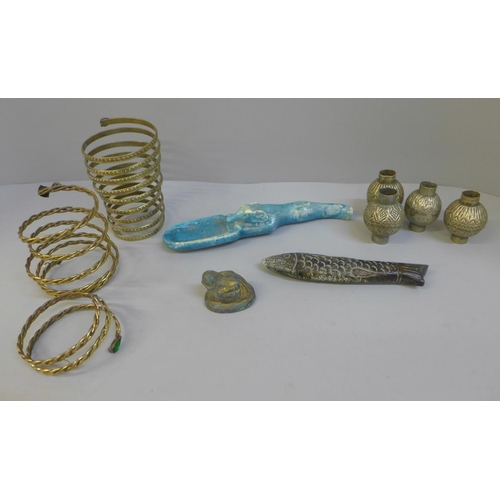 709 - Three bangles and other items including a metal fish figure