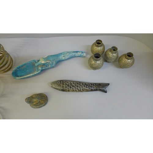 709 - Three bangles and other items including a metal fish figure