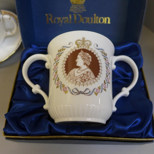 718 - Royal Crown Derby and Royal Doulton royal commemorative china, boxed