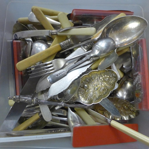 740 - Two boxes of plated and stainless steel cutlery, etc.