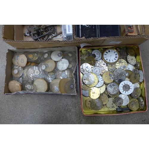 745 - A box of watch movements, watch glasses, watch straps, tools, etc.