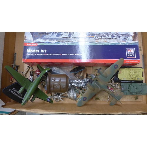 748 - An Airfix HMS Ark Royal and BR Mogul 00 scale kits, Del Prado metal soldiers, Curtis aeroplane and t... 