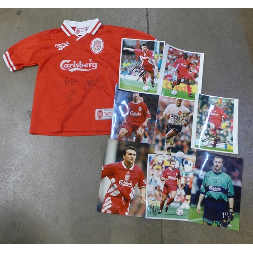 792 - Liverpool Football Club memorabilia; signed children's shirt, John Barnes and Phil Thomson and signe... 