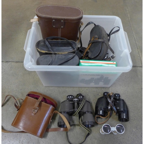 800 - A box containing nine pairs of binoculars including 'Cross Channel' L&G 40x70 and a pair of mother o... 