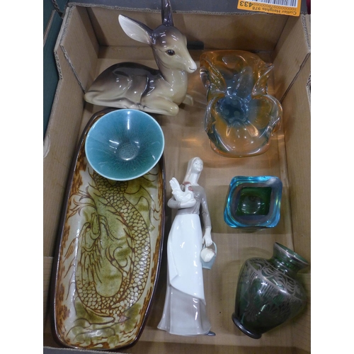 803 - A Midwinter fawn, a Jill Pryke designed dragon dish, three items of glass, Poole dish and Sitzendorf... 