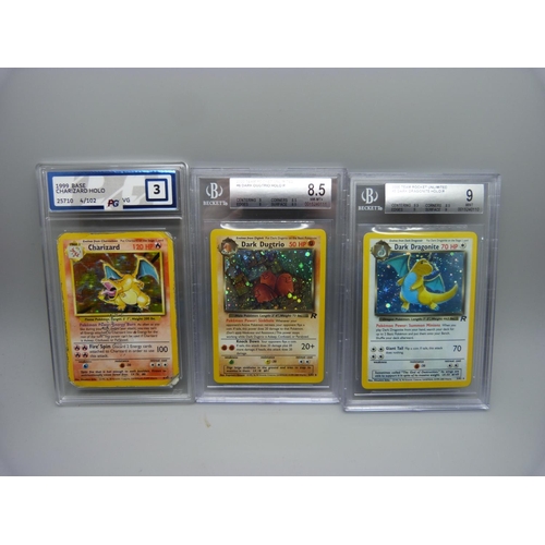 810 - Pokemon, complete Base set, Fossil, Jungle and Rocket, including:- Beckett graded Dark Dugtrio 8.5, ... 