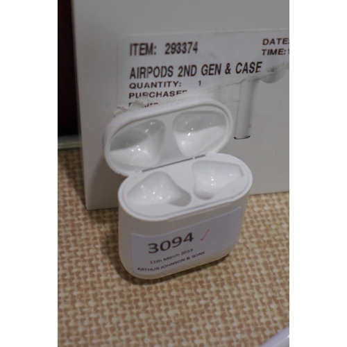 3094 - Airpods 2nd Gen & Case (model:- MV7N2ZM/A), original RRP £104.99 + VAT (283-37) * This lot is subjec... 