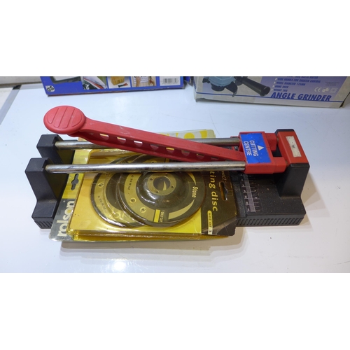 2030 - Powerfix hand riveter kit, tile cutter and Nutool angle grinder with blades and tiling profiling too... 