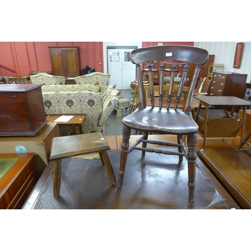 127 - A Victorian elm and beech kitchen chair and a stool