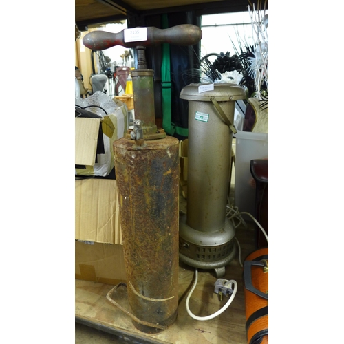 2133 - Patio/greenhouse heater and antique Prina fire extinguisher