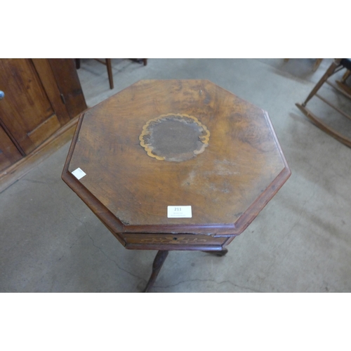 211 - A Victorian inlaid walnut trumpet shaped sewing table, a/f