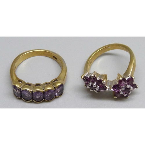 1002 - Two silver gilt stone set rings, sizes P and M