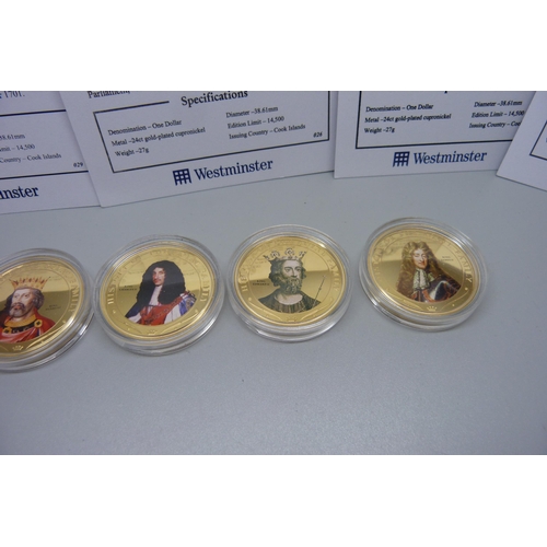 1004 - History of The Royal Family gold plated coloured portrait coin collection, with certificates