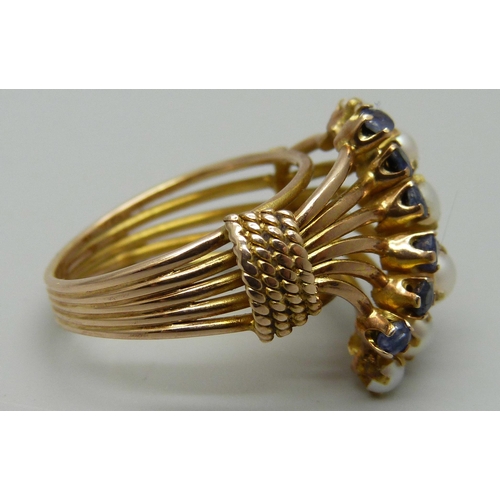 1025 - A 14ct gold ring set with pearls and sapphires, marked 14k, 5.8g, P