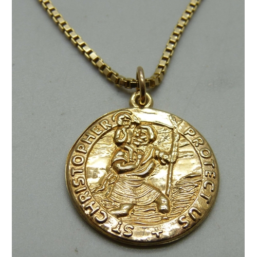 1040 - A 9ct gold box chain with a hollow yellow metal St. Christopher pendant, 6g, 40cm chain