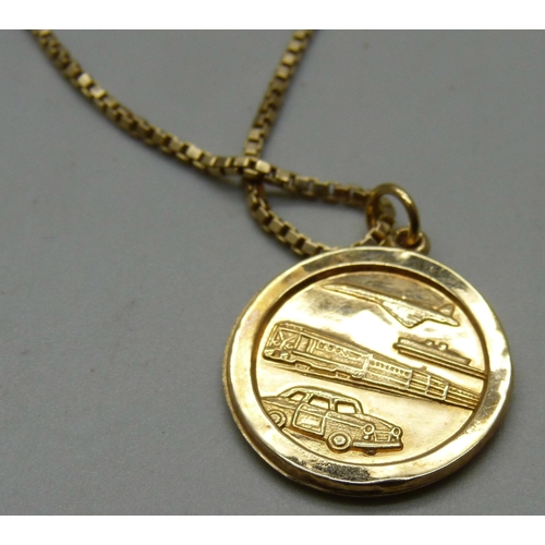 1040 - A 9ct gold box chain with a hollow yellow metal St. Christopher pendant, 6g, 40cm chain