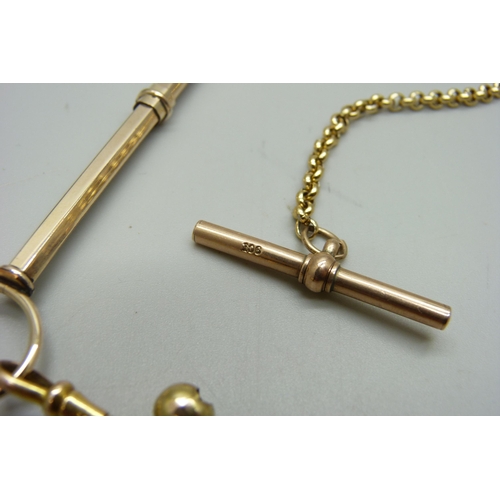 1046 - A pair of gold plated lorgnettes on a chain, and a 9ct gold T bar, T bar weighs 2g