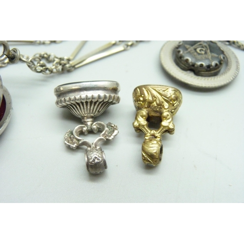 1068 - A sovereign case, a Masonic swivel pendant, two fobs and a Victorian part chain