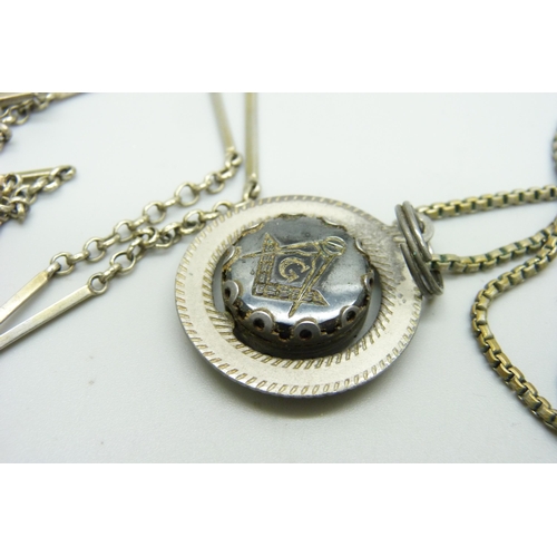 1068 - A sovereign case, a Masonic swivel pendant, two fobs and a Victorian part chain