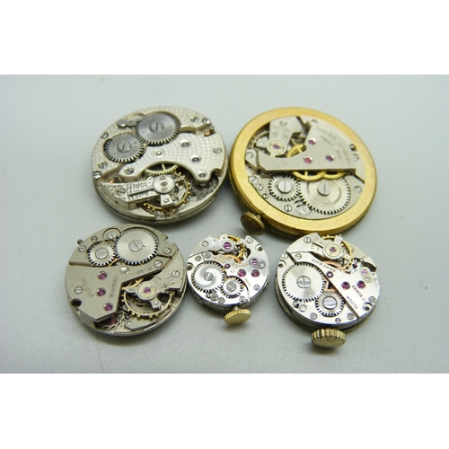 1081 - Two Rolex and three Tudor watch movements