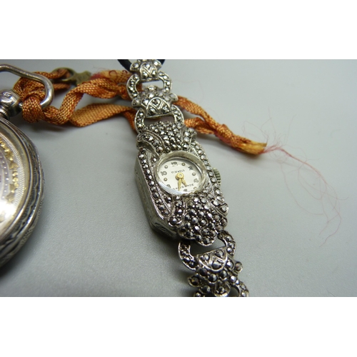 1140 - Two silver fob watches and a lady's silver cocktail wristwatch