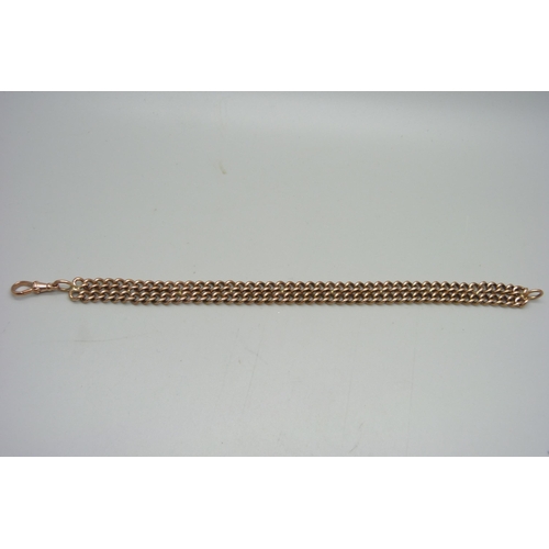 1155 - Two yellow metal chains combined to form a bracelet, dog clip marked as 9ct, chains unmarked, 33g