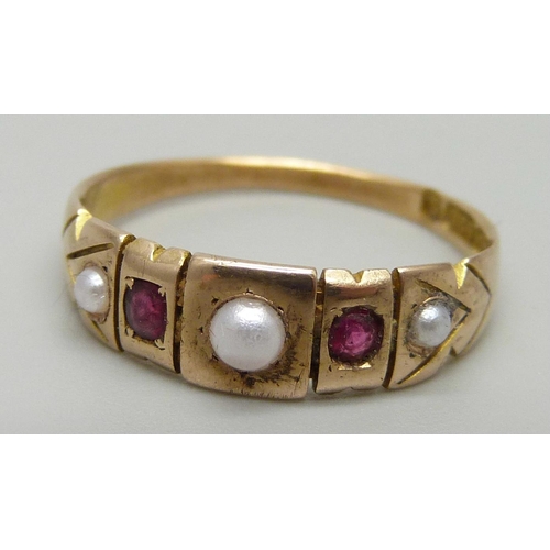 1175 - An antique 15ct gold, ruby and half pearl ring, Chester 1894, 2.3g, P