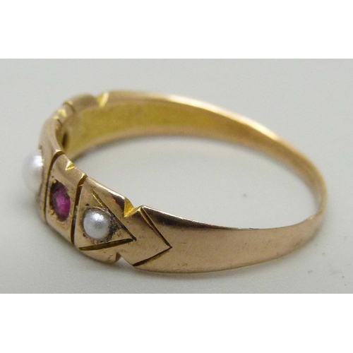 1175 - An antique 15ct gold, ruby and half pearl ring, Chester 1894, 2.3g, P