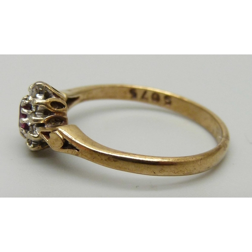 1181 - A 9ct gold, ruby and diamond cluster ring, 1.8g, O