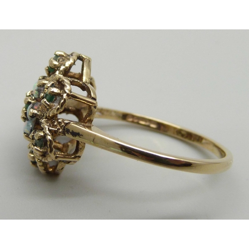 1183 - A 9ct gold, opal and emerald cluster ring, 3.4g, S