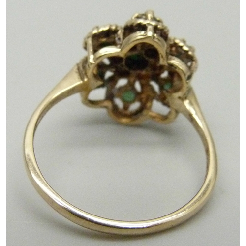 1183 - A 9ct gold, opal and emerald cluster ring, 3.4g, S