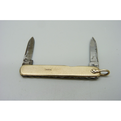 1192 - A vintage 9ct gold penknife, 14g gross weight