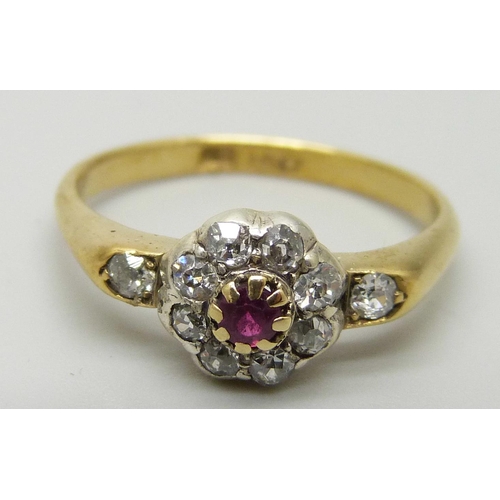 1194 - A vintage 18ct gold, ruby and diamond cluster ring, 2.8g, O