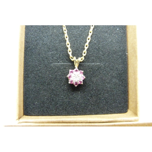 1196 - A 9ct gold ruby and diamond pendant and chain, 3.3g