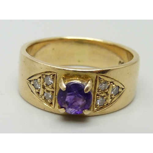 1200 - A 18ct gold, amethyst and diamond ring, 7.7g, N