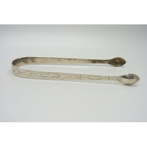 1204 - A pair of Peter and Ann Bateman bright cut silver tongs, London 1796, 29g