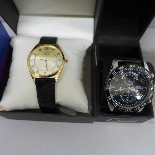 629 - Lorus, Rotary and three America Sports wristwatches, boxed