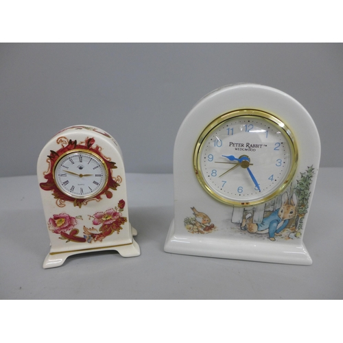 640 - Two clocks, Wedgwood Peter Rabbit and Mason's Mandalay Red