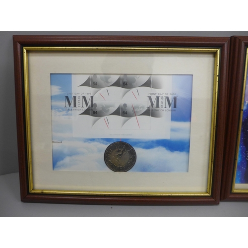 652 - A pair of framed Millennium Five Pounds coins