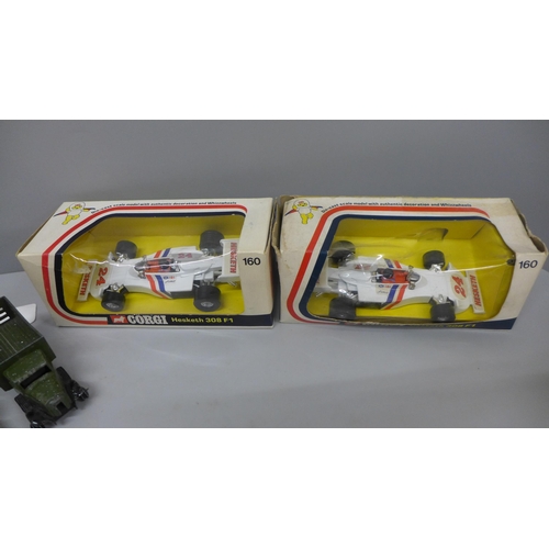 665 - Two Corgi Hesketh 308 Formula 1 racing cars and a box of mid 20th Century Dinky Toys die-cast model ... 