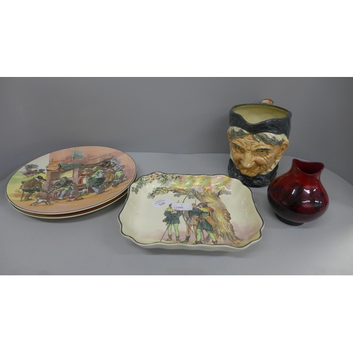 671 - A Royal Doulton flambe vase, a Royal Doulton dish, two Seriesware plates and a Royal Doulton Granny ... 