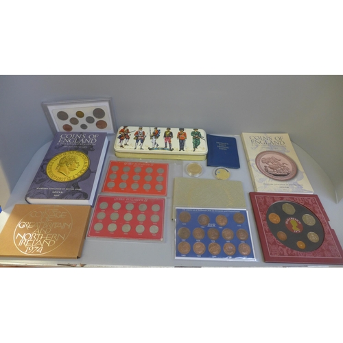 674 - A collection of pre-decimal coins, two commemorative gold plated crowns, eight proof sets and two co... 