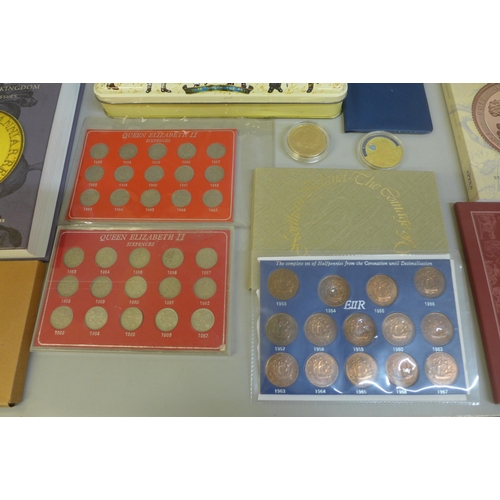 674 - A collection of pre-decimal coins, two commemorative gold plated crowns, eight proof sets and two co... 