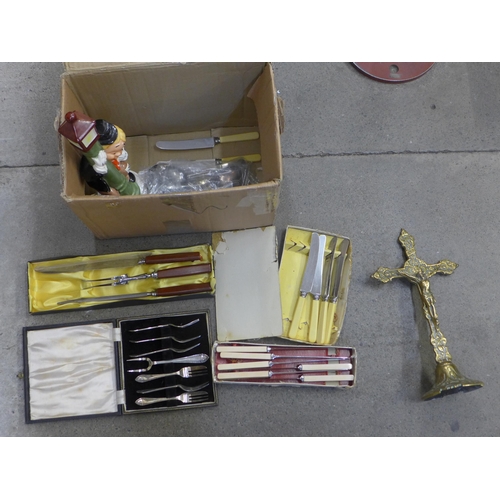 730 - A collection of plated ware, brass crucifix, metalwares, etc.