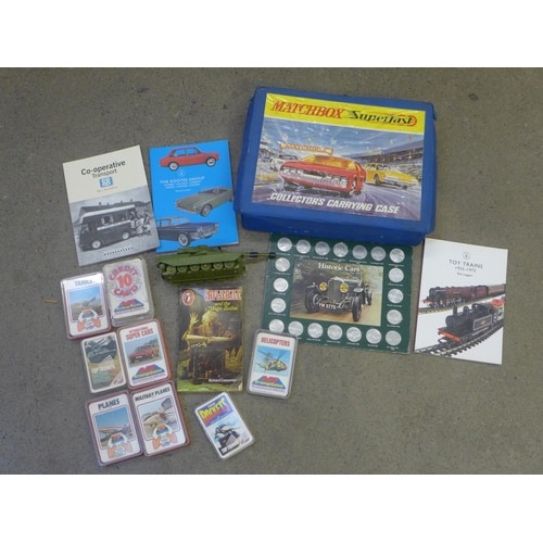 739 - Sets of Top Trump cards, a Historic Cars medallions set, a Matchbox carry case (empty)