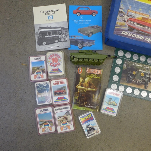 739 - Sets of Top Trump cards, a Historic Cars medallions set, a Matchbox carry case (empty)