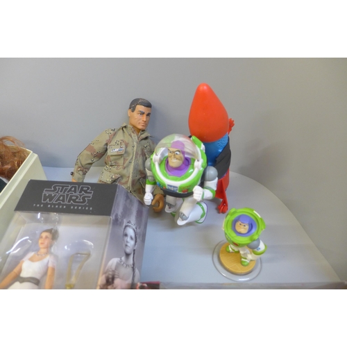 740 - Assorted toys including G.I. Joe and two large Pendelfin ornaments; Caravan and Cottage