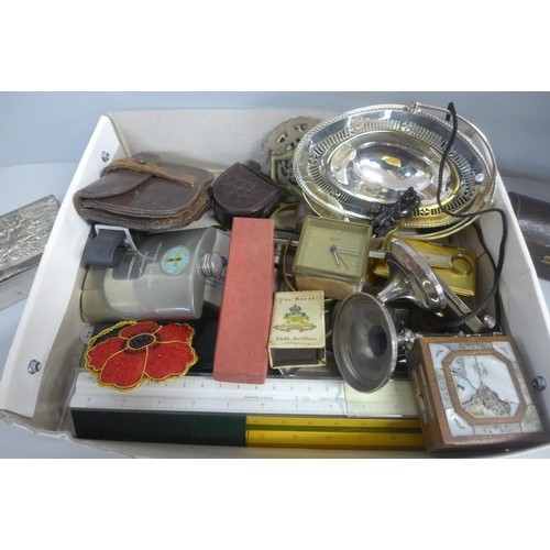 759 - A silver plated trinket box, other boxes, travel clock, etc.