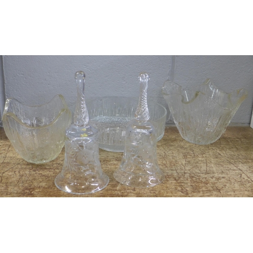 804 - Two high sided glass bowls, another bowl and two crystal bells